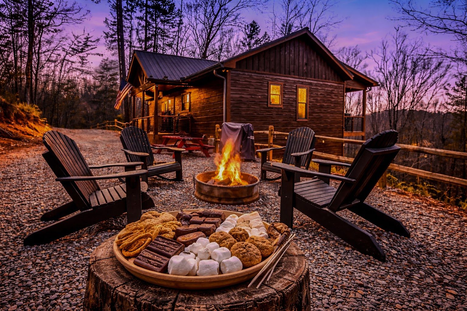 Fire pit and cabin together at dusk with s'mores
