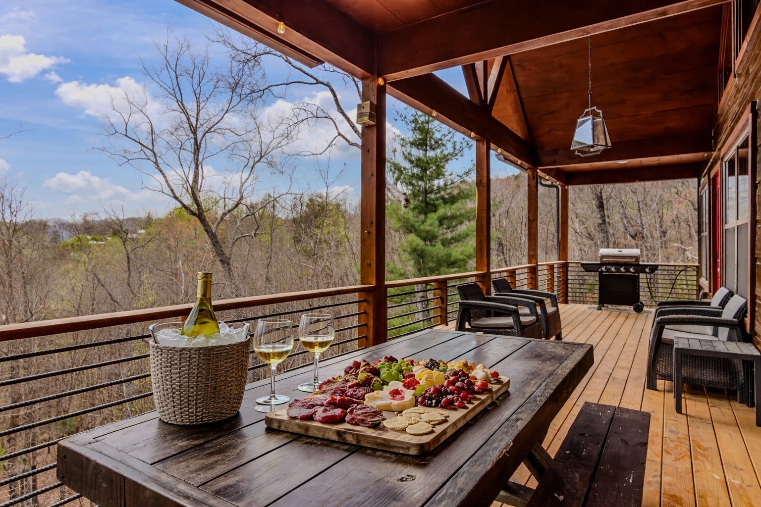 Charcuterie spread on the porch with mountain view