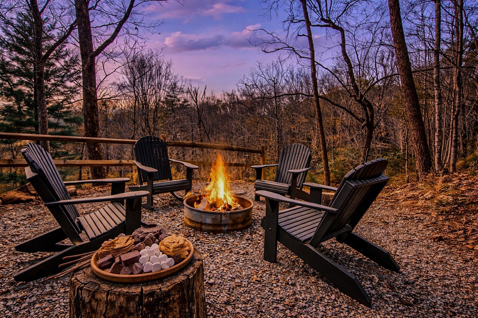 Fire pit at sunset with s'mores fixings on a tree-stump table