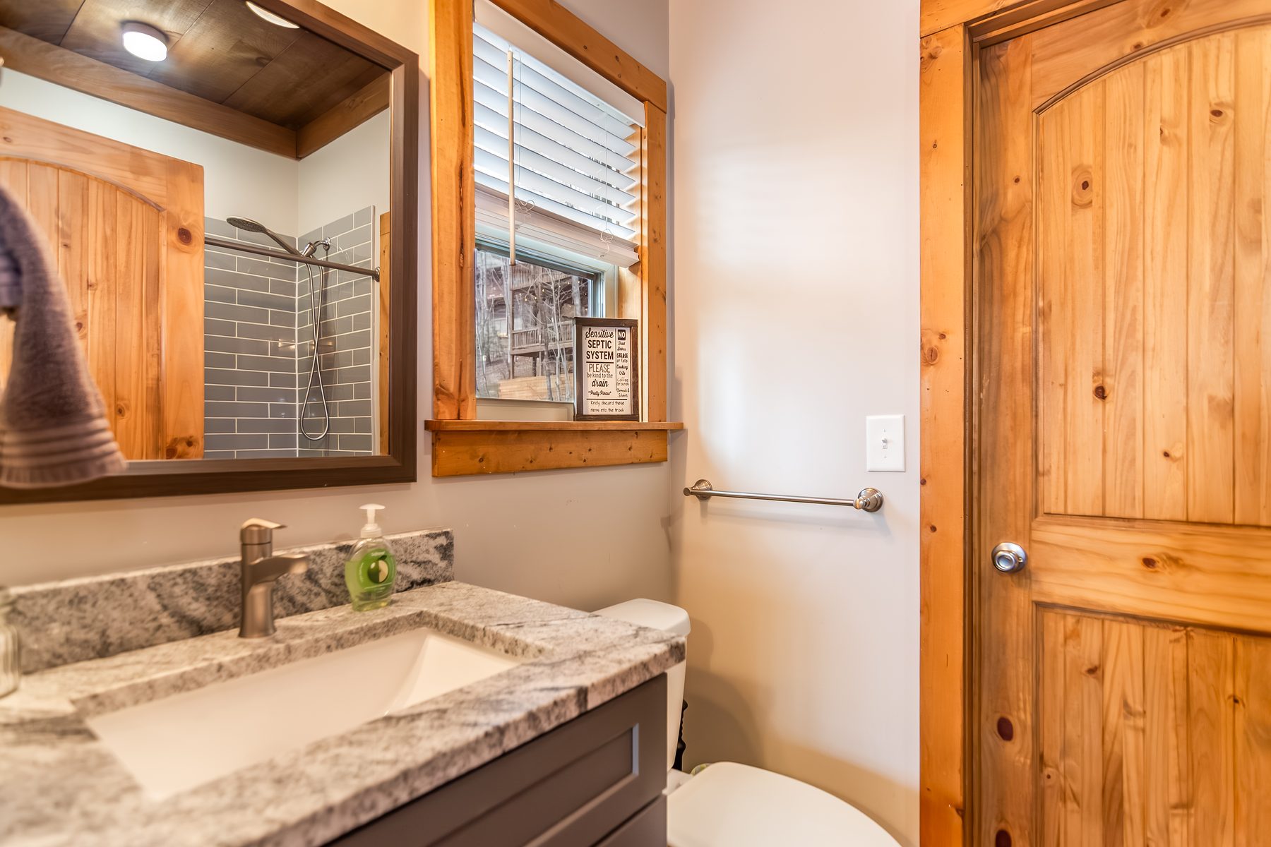Bathroom with granite vanity and walk-in tile shower reflected in the mirror