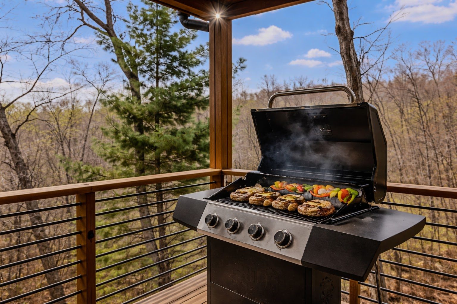Gas grill on the deck with food cooking